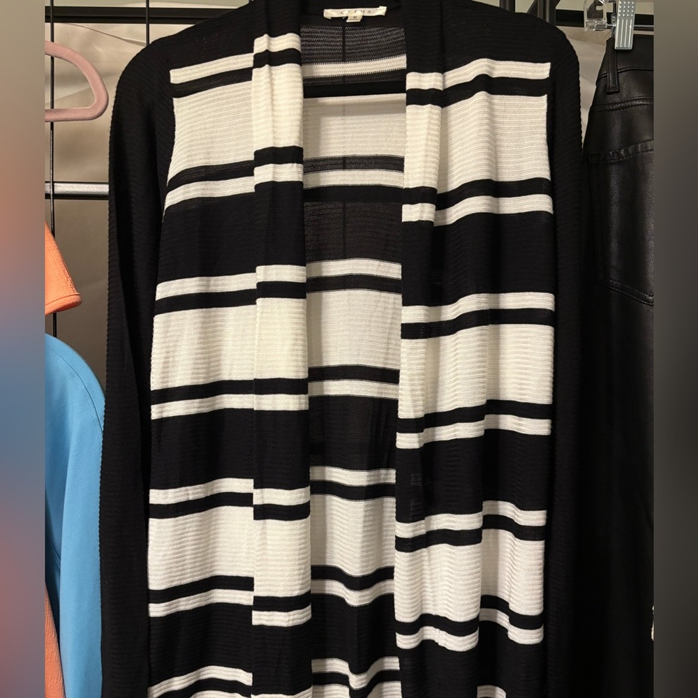 Cyrus Black and White Striped Open-Front Cardigan